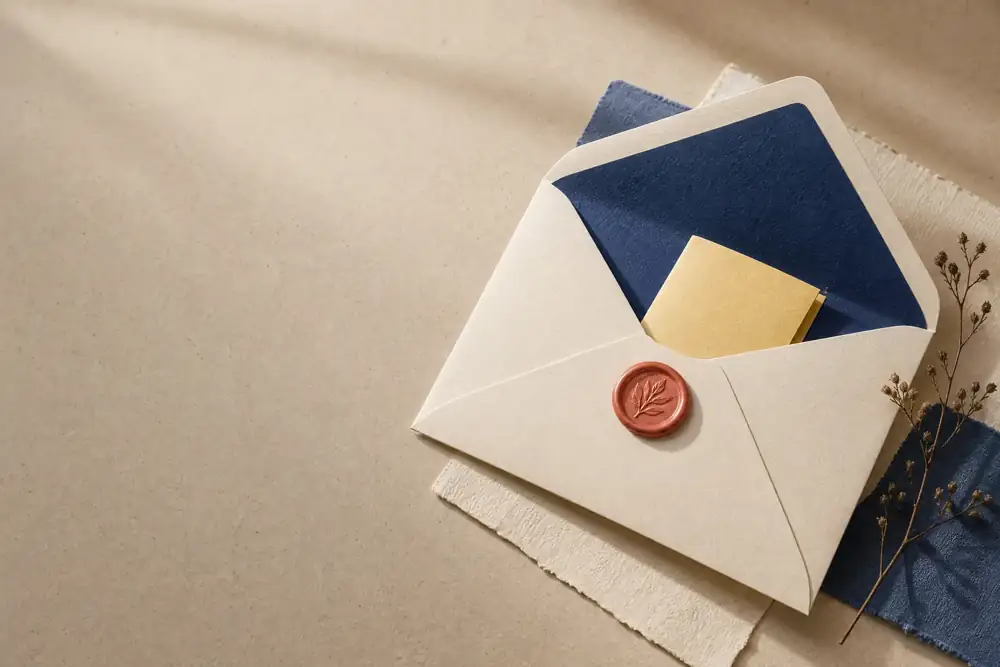 Envelope rosa aberto com selo de cera em uma mesa editorial
